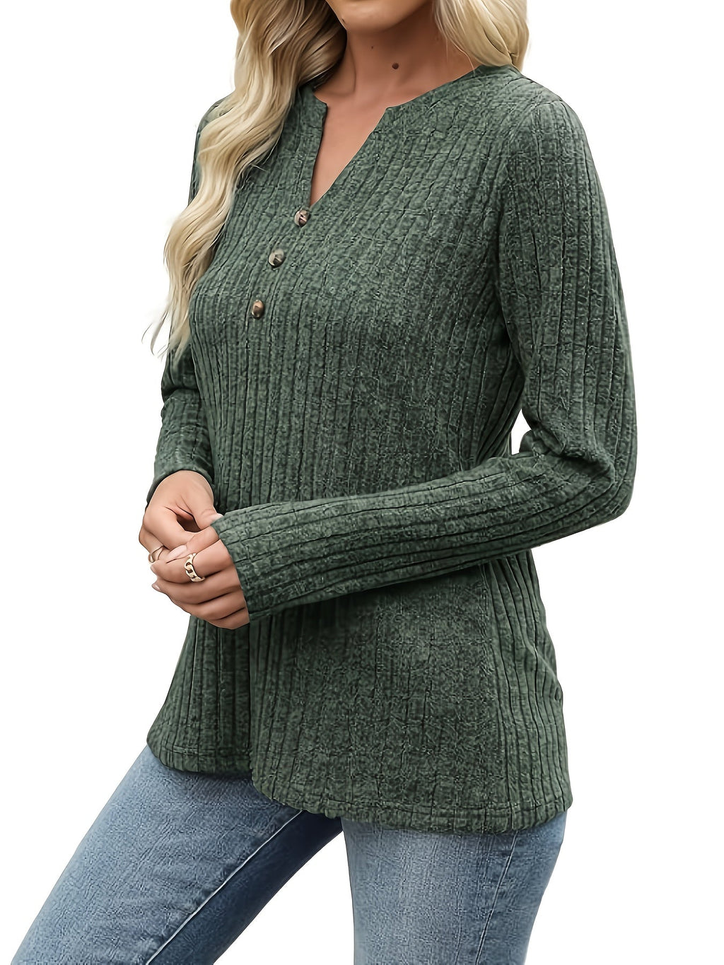 Women's ribbed knit button-neck top with long sleeves and V-neck