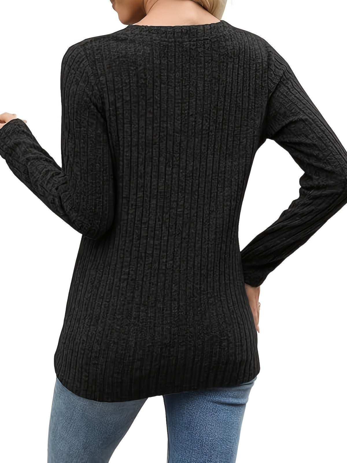 Women's ribbed knit button-neck top with long sleeves and V-neck