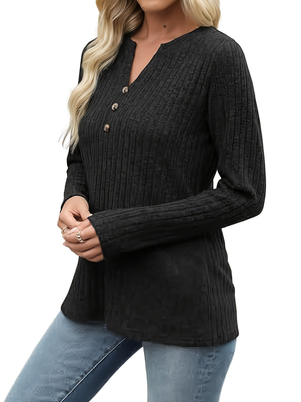Women's ribbed knit button-neck top with long sleeves and V-neck
