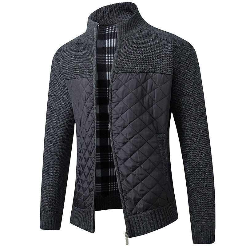 Men's black quilted panel cardigan sweater with stand collar