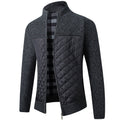 Men's black quilted panel cardigan sweater with stand collar