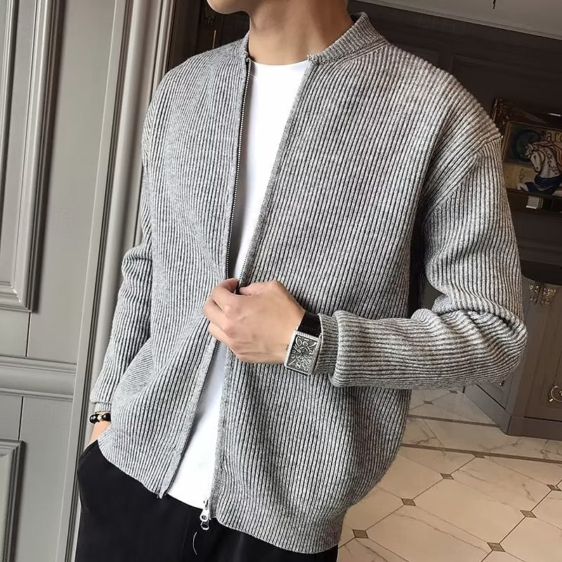 Men's gray ribbed full-zip cardigan with a standing collar for layering