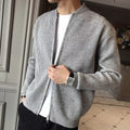 Men's gray ribbed full-zip cardigan with a standing collar for layering