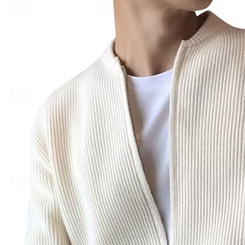 Men's beige ribbed full-zip cardigan with a standing collar for layering