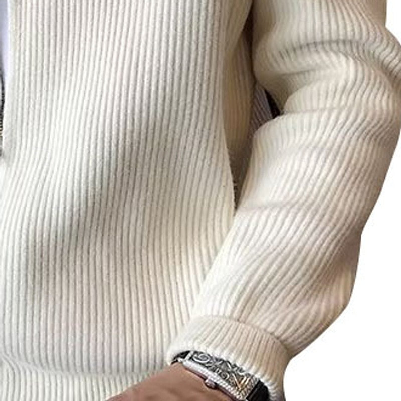 Men's beige ribbed full-zip cardigan with a standing collar for layering