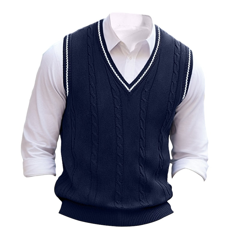 Men's dark navy cable knit V-neck sweater vest with ribbed trim