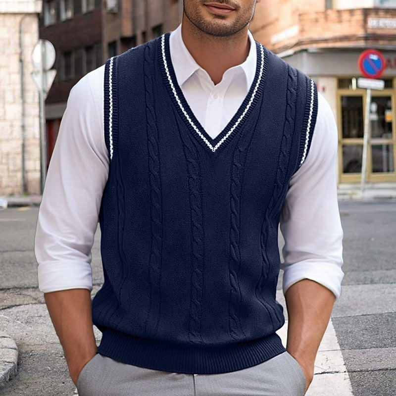 Men's gray cable knit V-neck sweater vest with ribbed trim