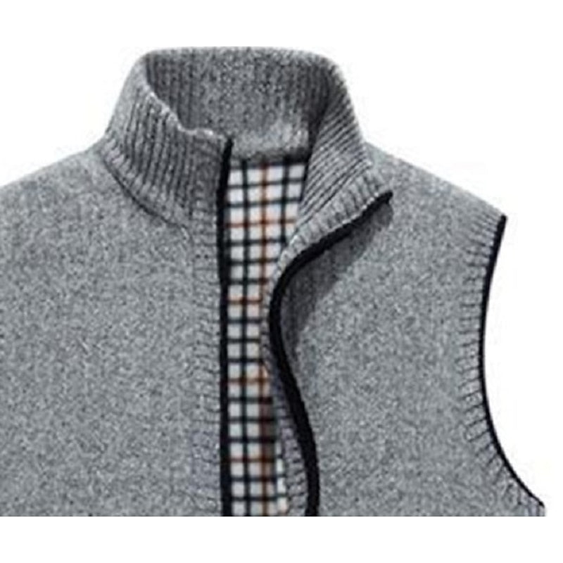 Men's wine zip-up sweater vest with stand collar and welt pockets