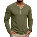 Men's army green long-sleeve henley shirt with a button placket