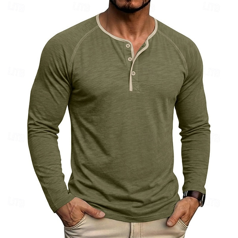 Men's army green long-sleeve henley shirt with a button placket