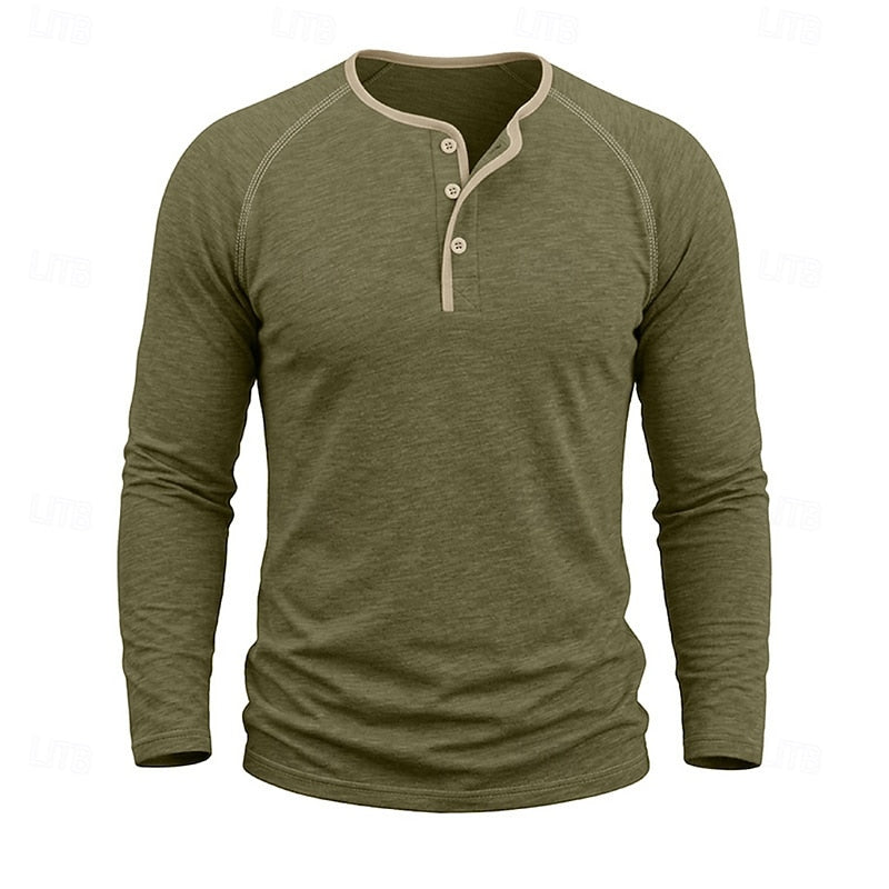 Men's army green long-sleeve henley shirt with a button placket