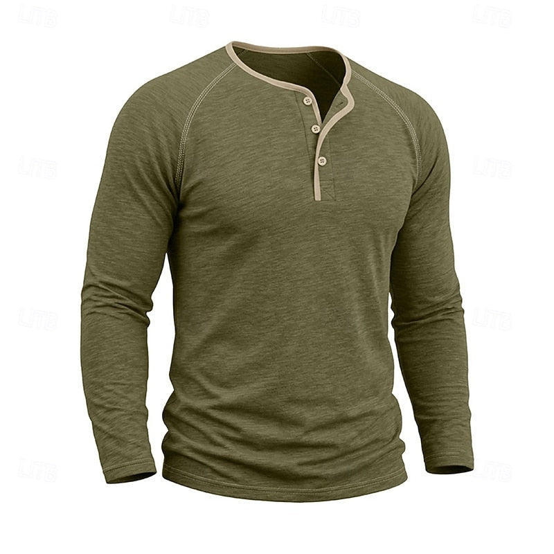 Men's army green long-sleeve henley shirt with a button placket