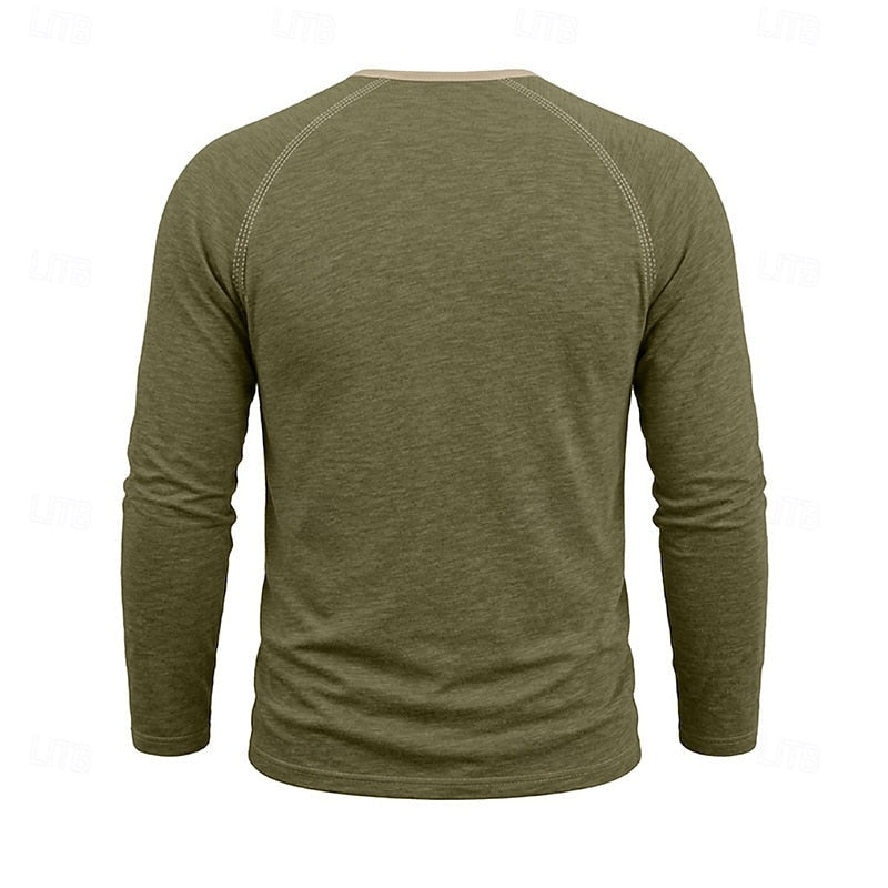 Men's army green long-sleeve henley shirt with a button placket