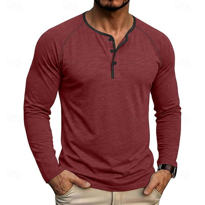 Men's red henley shirt with raglan sleeves and a button placket