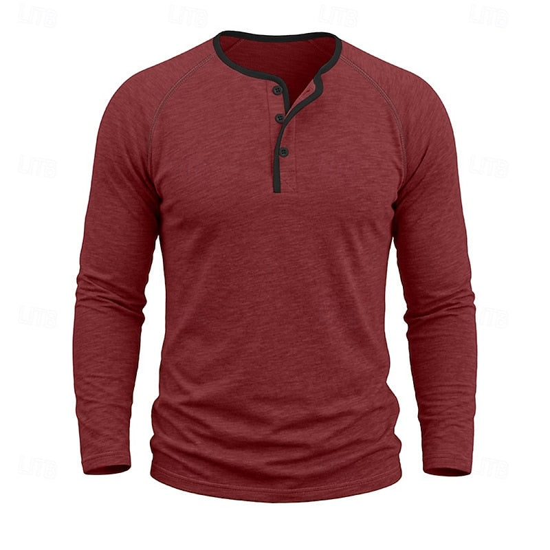 Men's red henley shirt with raglan sleeves and a button placket