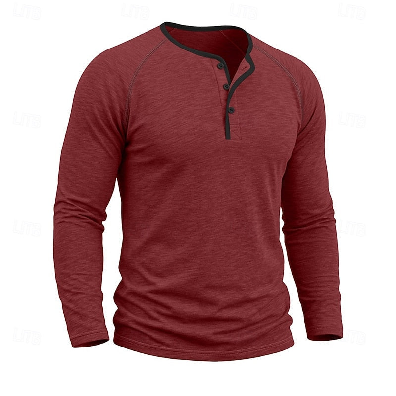 Men's red henley shirt with raglan sleeves and a button placket