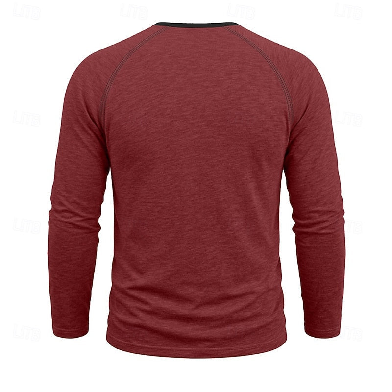 Men's red henley shirt with raglan sleeves and a button placket