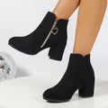 Women's black round-toe block-heel ankle boots with a side zip