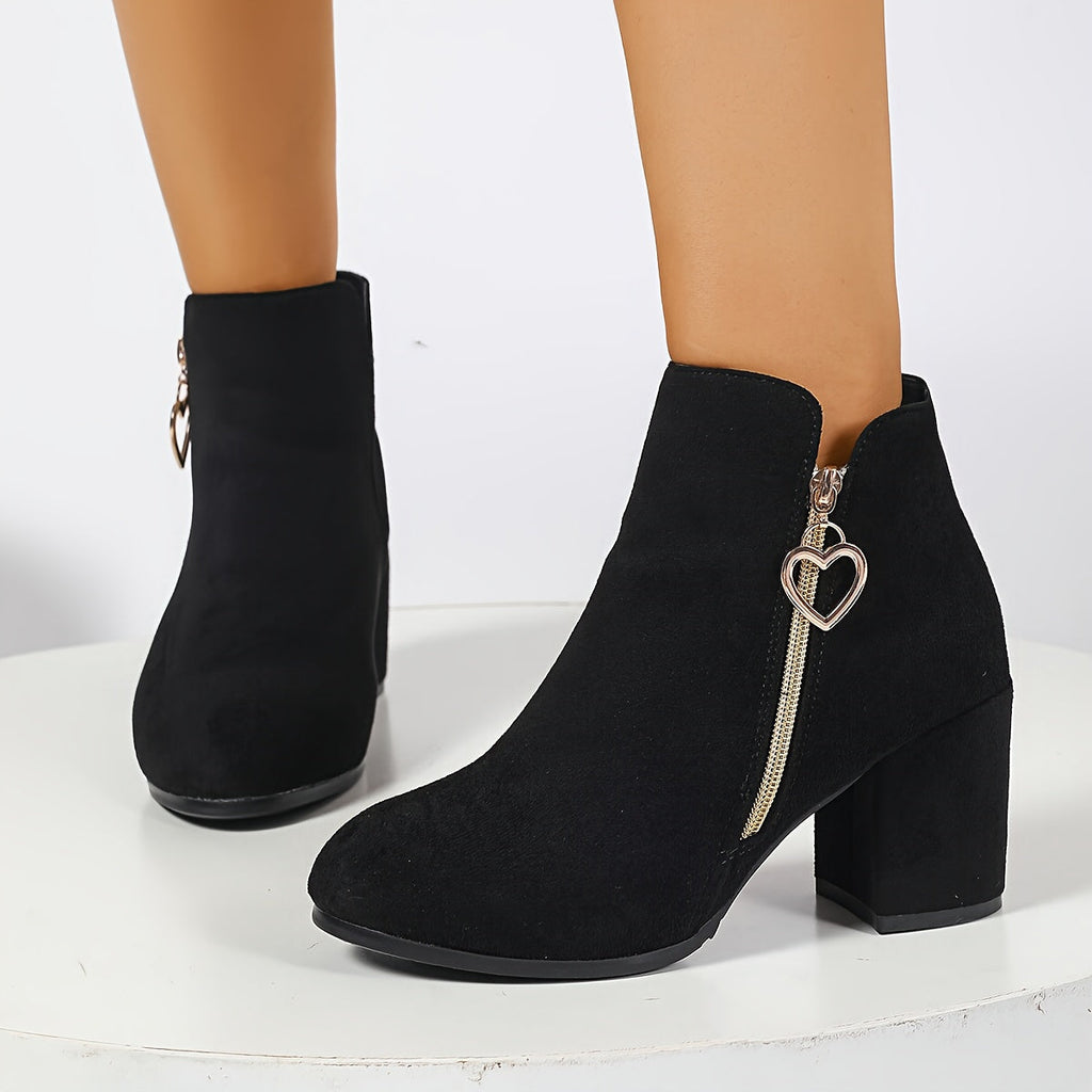 Women's black round-toe block-heel ankle boots with a side zip