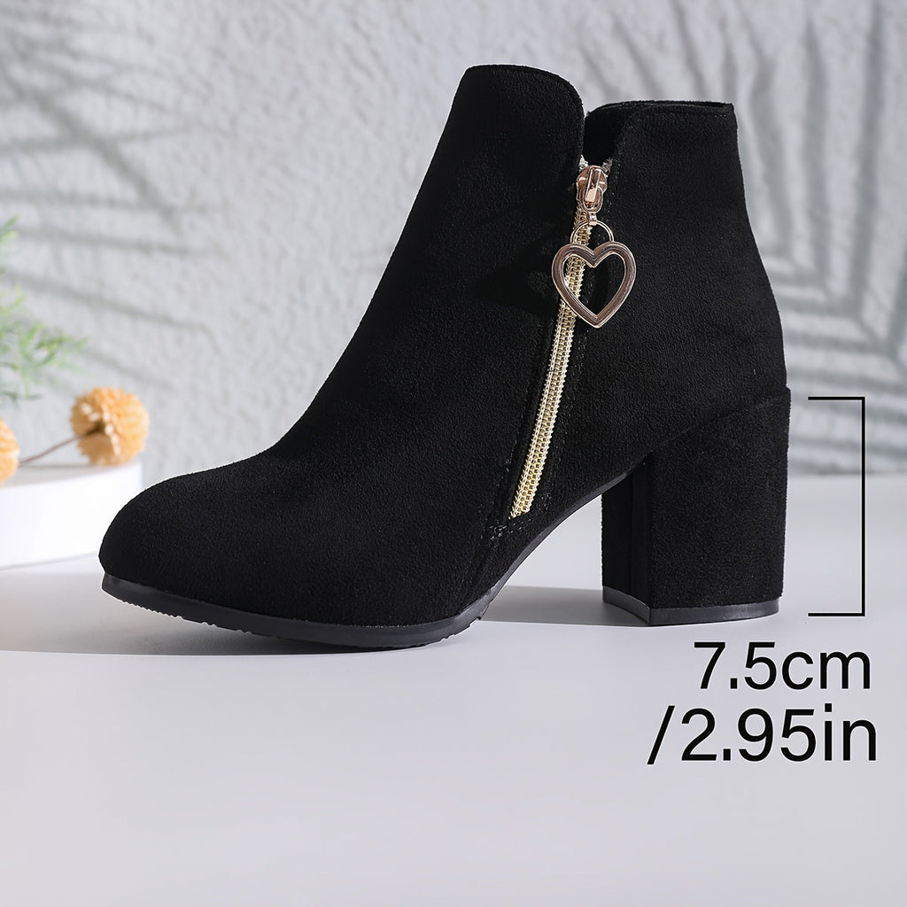 Women's black round-toe block-heel ankle boots with a side zip