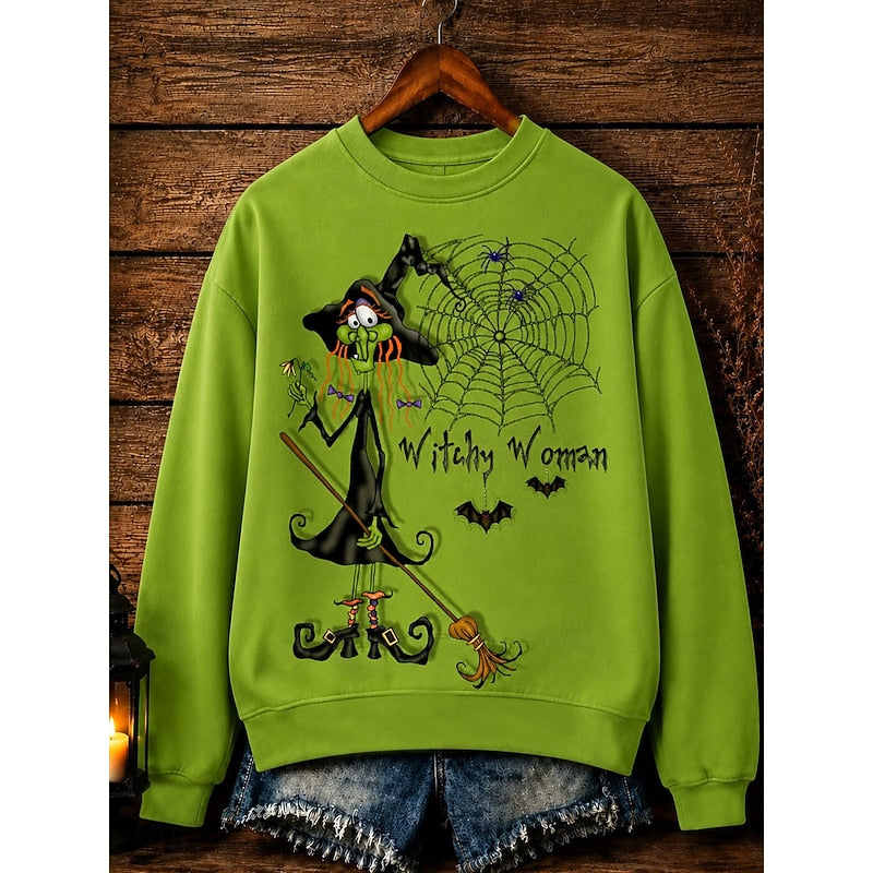 Women's green Halloween crewneck sweatshirt with witch graphic print