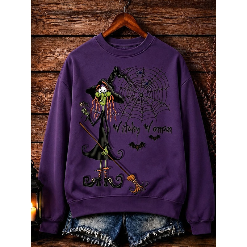 Women's purple Halloween crewneck sweatshirt with witch graphic print