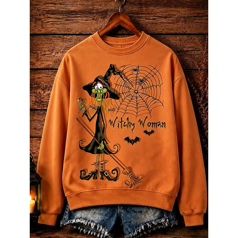 Women's orange Halloween crewneck sweatshirt with witch graphic print