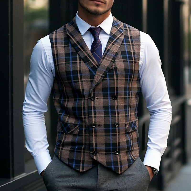 Men's plaid double-breasted tailored suit vest for business and formal wear