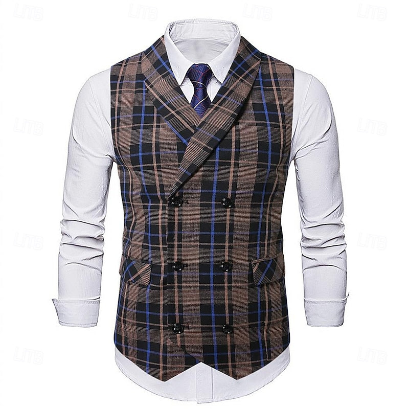 Men's plaid double-breasted tailored suit vest for business and formal wear