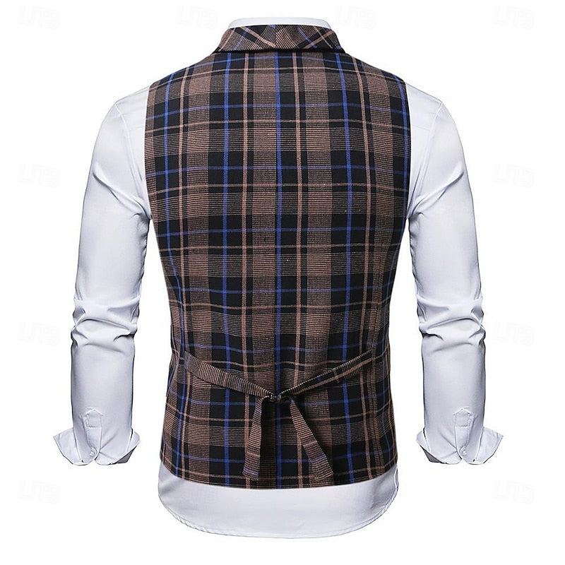 Men's plaid double-breasted tailored suit vest for business and formal wear
