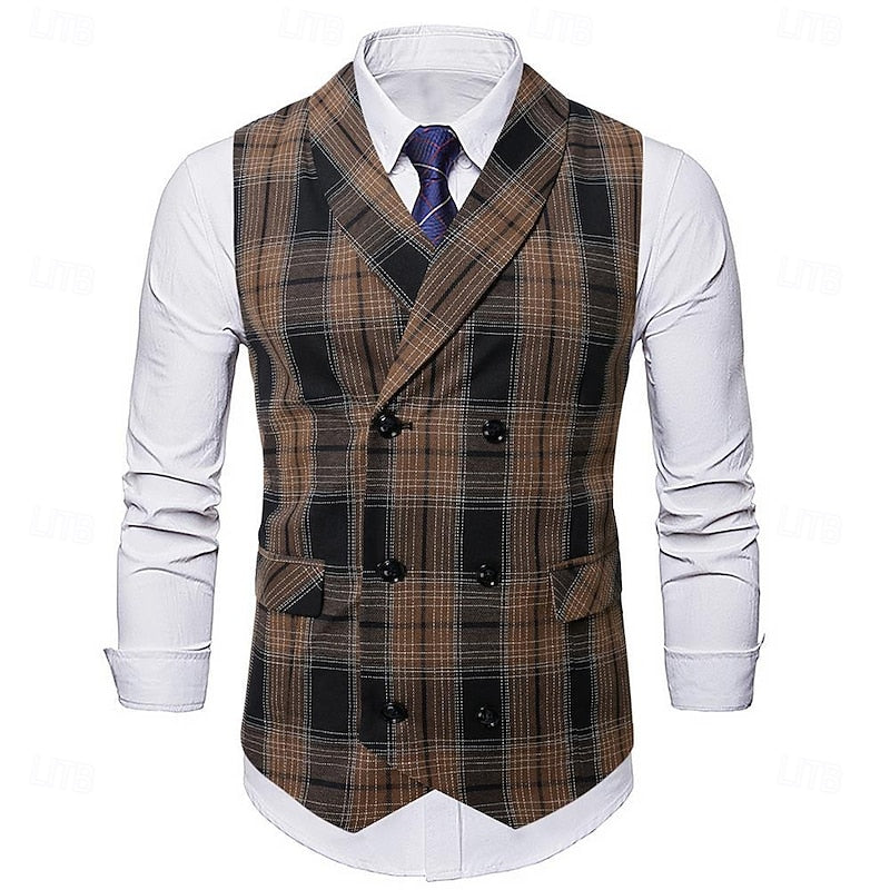 Men's plaid double-breasted tailored suit vest for business and formal wear