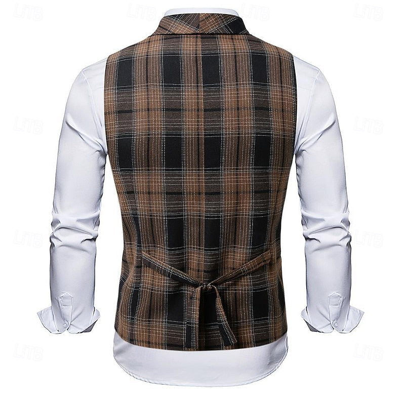 Men's plaid double-breasted tailored suit vest for business and formal wear