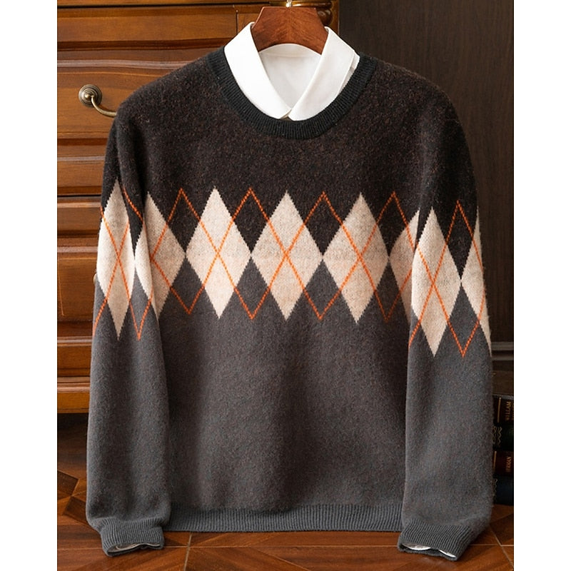 Men's gray argyle crew neck sweater with ribbed cuffs and hem