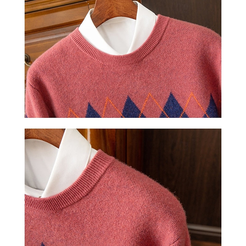 Men's red argyle crew neck sweater, close view of the ribbed collar