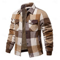 Men's khaki plaid flannel shirt jacket with fleece lining and snap pockets