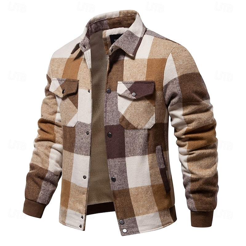 Men's khaki plaid flannel shirt jacket with fleece lining and snap pockets