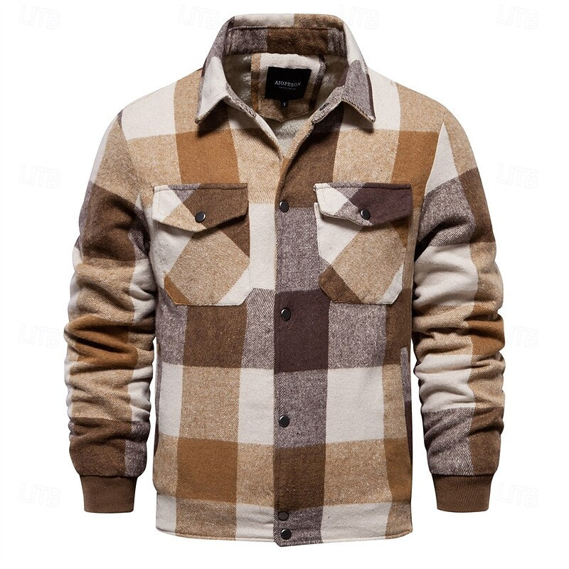 Men's khaki plaid flannel shirt jacket with fleece lining and snap pockets