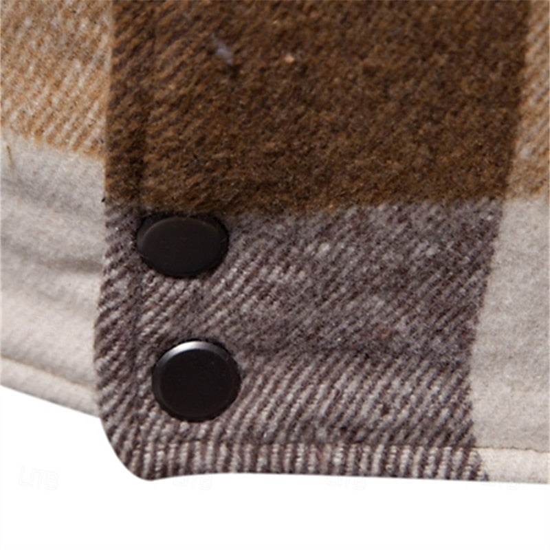 Men's khaki plaid flannel shirt jacket with fleece lining and snap pockets