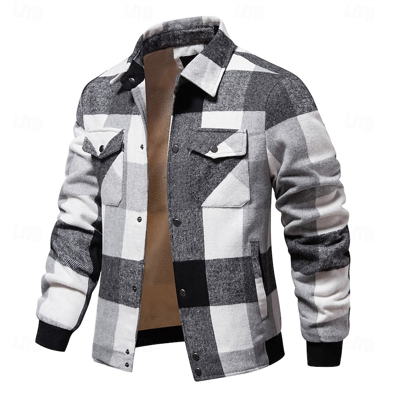 Men's khaki plaid flannel shirt jacket with fleece lining and snap pockets