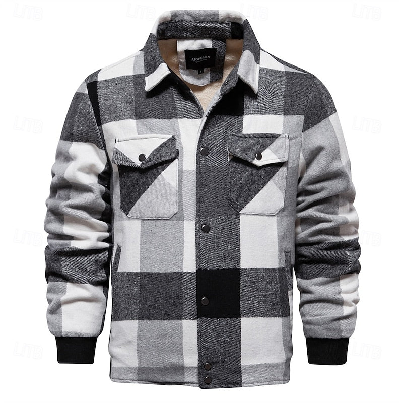 Men's khaki plaid flannel shirt jacket with fleece lining and snap pockets