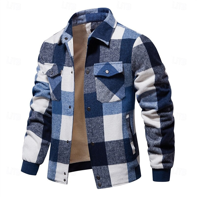 Men's khaki plaid flannel shirt jacket with fleece lining and snap pockets