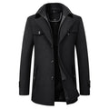 Men's black tailored winter coat with a double-layer stand collar