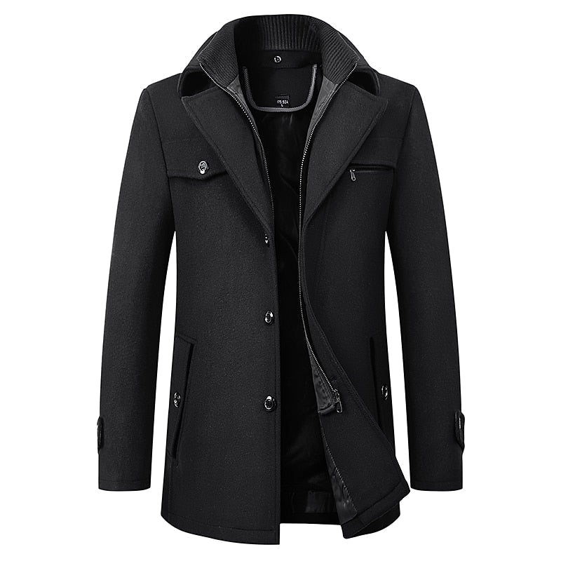 Men's black tailored winter coat with a double-layer stand collar