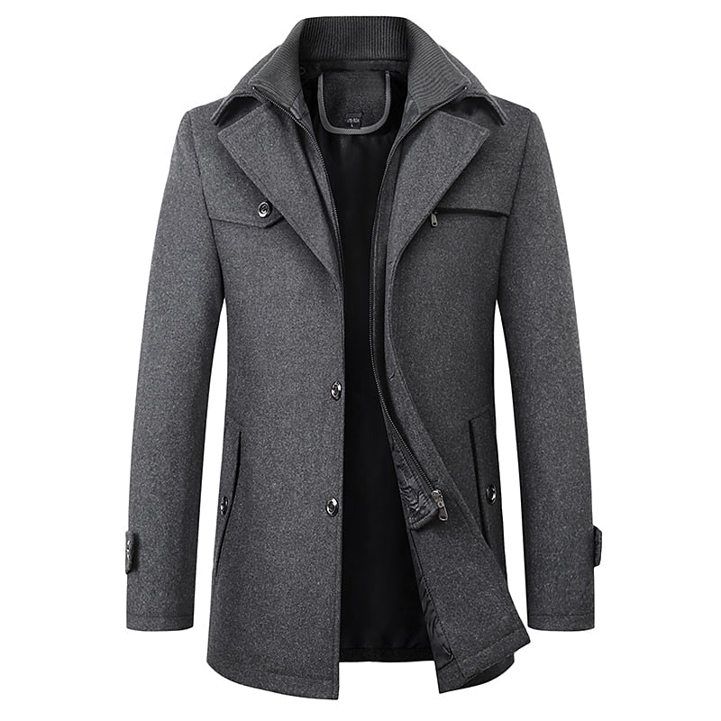 Men's gray tailored winter coat with a double-layer stand collar