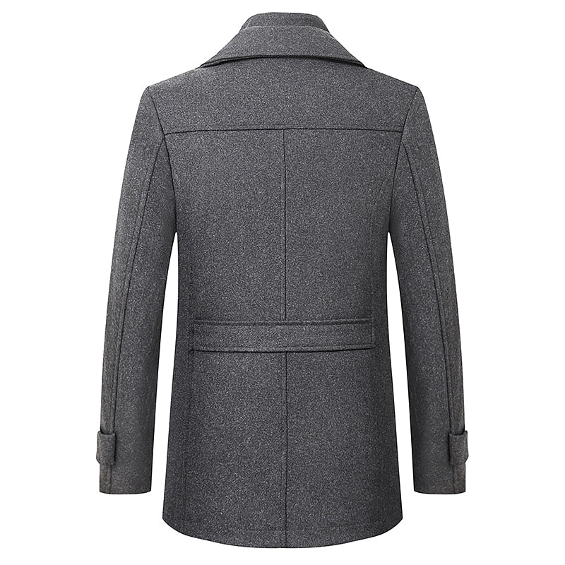 Men's gray tailored winter coat with a double-layer stand collar