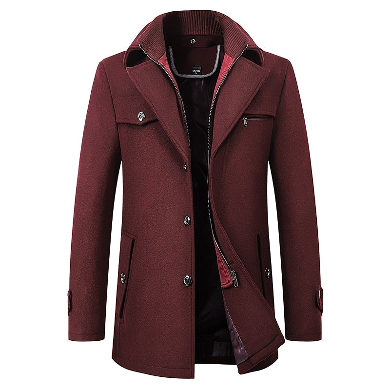 Men's wine tailored winter coat with a double-layer stand collar
