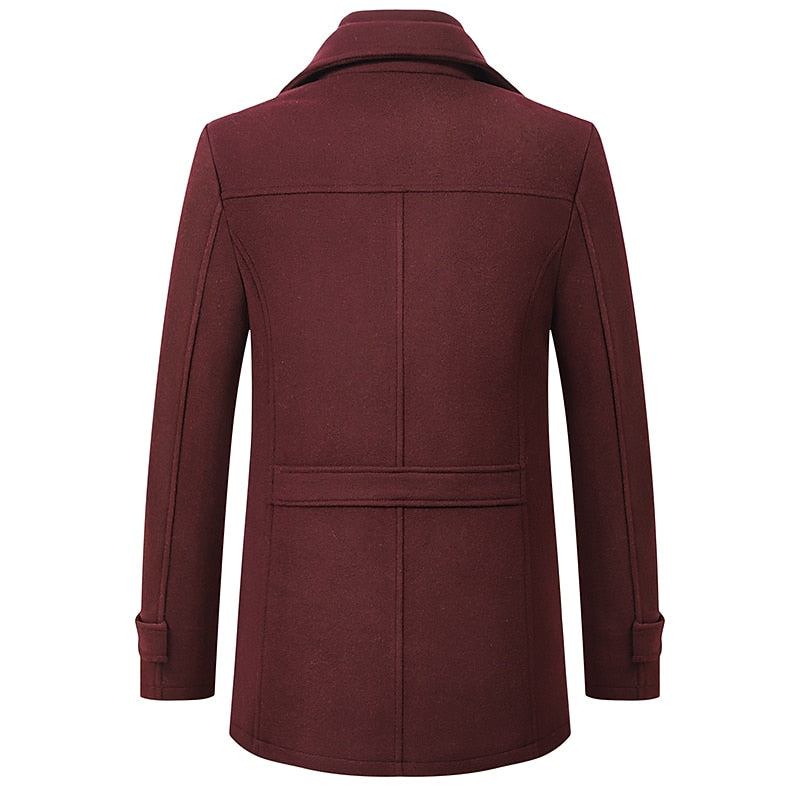 Men's wine tailored winter coat with a double-layer stand collar