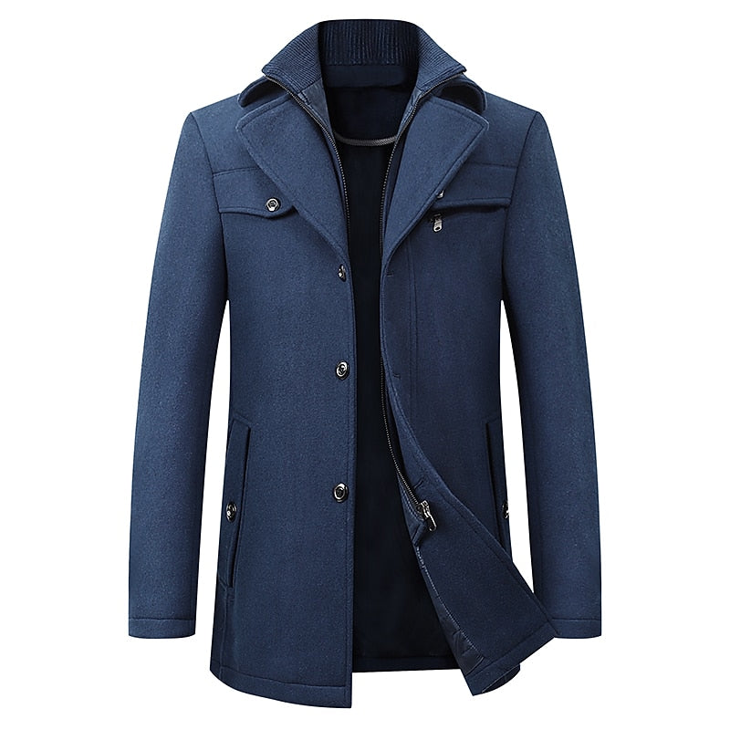 Men's wine tailored winter coat with a double-layer stand collar