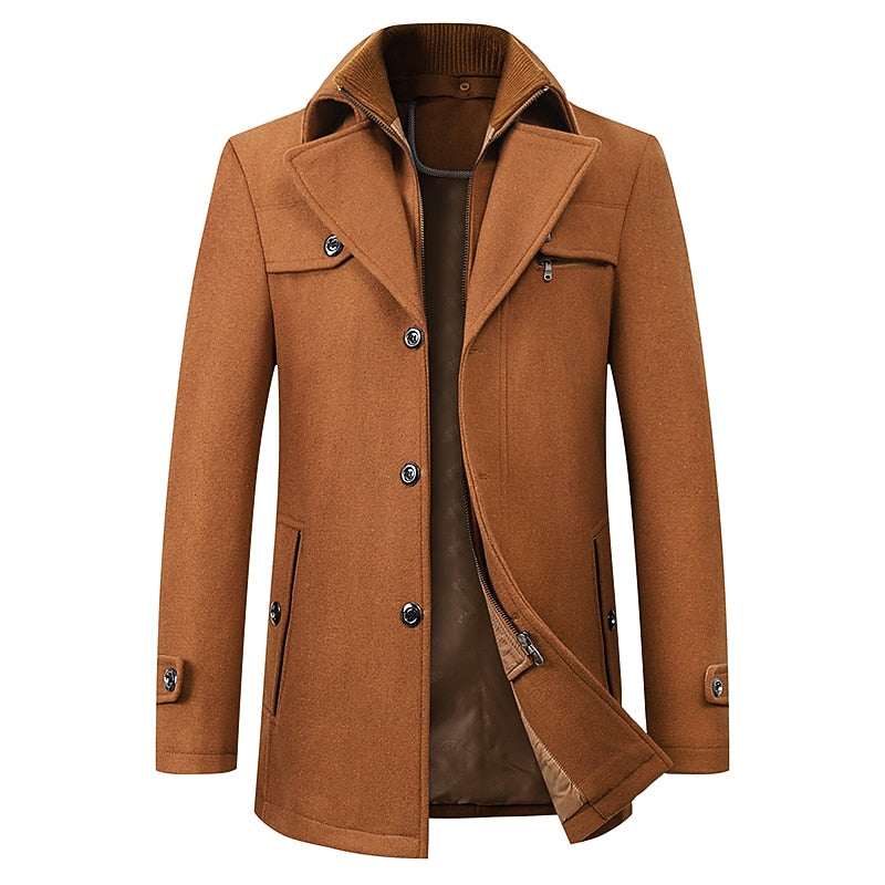 Men's wine tailored winter coat with a double-layer stand collar