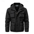 Men's black hooded windbreaker jacket with multiple pockets